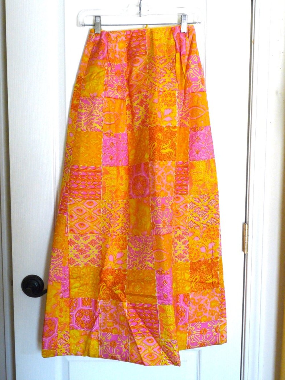 Vintge silk patio skirt patchwork print orange pink yellow mid century designer